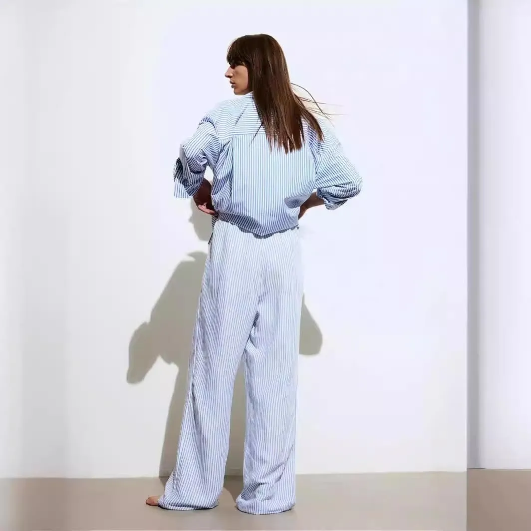 Women's Y2K Coquette Pants Blue Striped Wide-Leg Trousers Summer Causal High Waist Slacks Harajuku Aesthetic Clothing