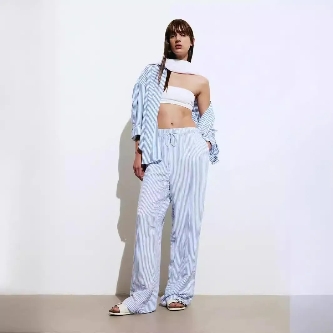 Women's Y2K Coquette Pants Blue Striped Wide-Leg Trousers Summer Causal High Waist Slacks Harajuku Aesthetic Clothing