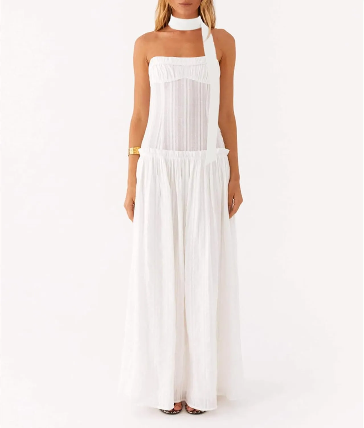 Womens Y2k Striped Tube Strapless Ruffle Scarf Maxi Dress Sexy Smocked Backless Beach Formal Long Flowy Dresses