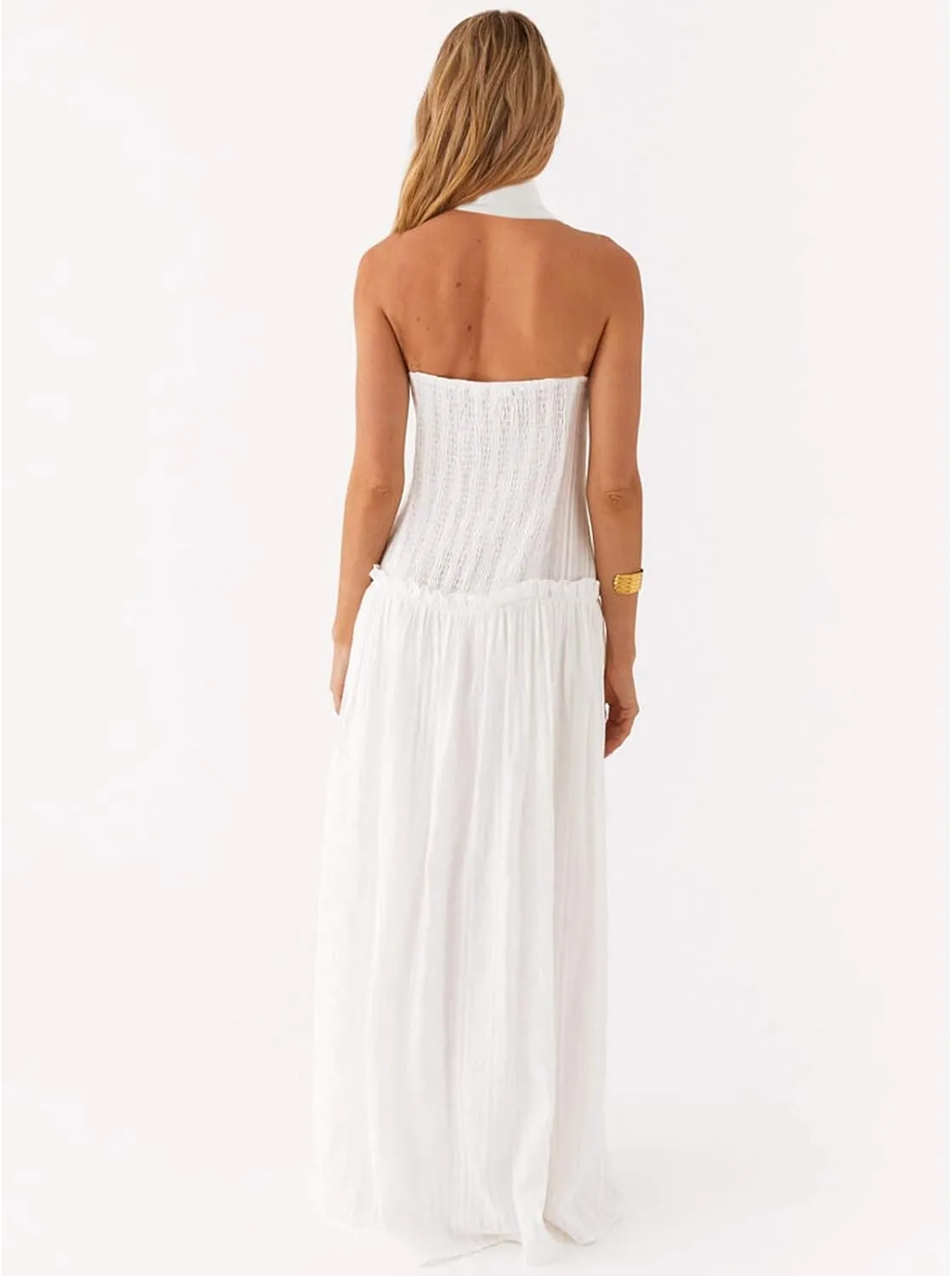 Womens Y2k Striped Tube Strapless Ruffle Scarf Maxi Dress Sexy Smocked Backless Beach Formal Long Flowy Dresses