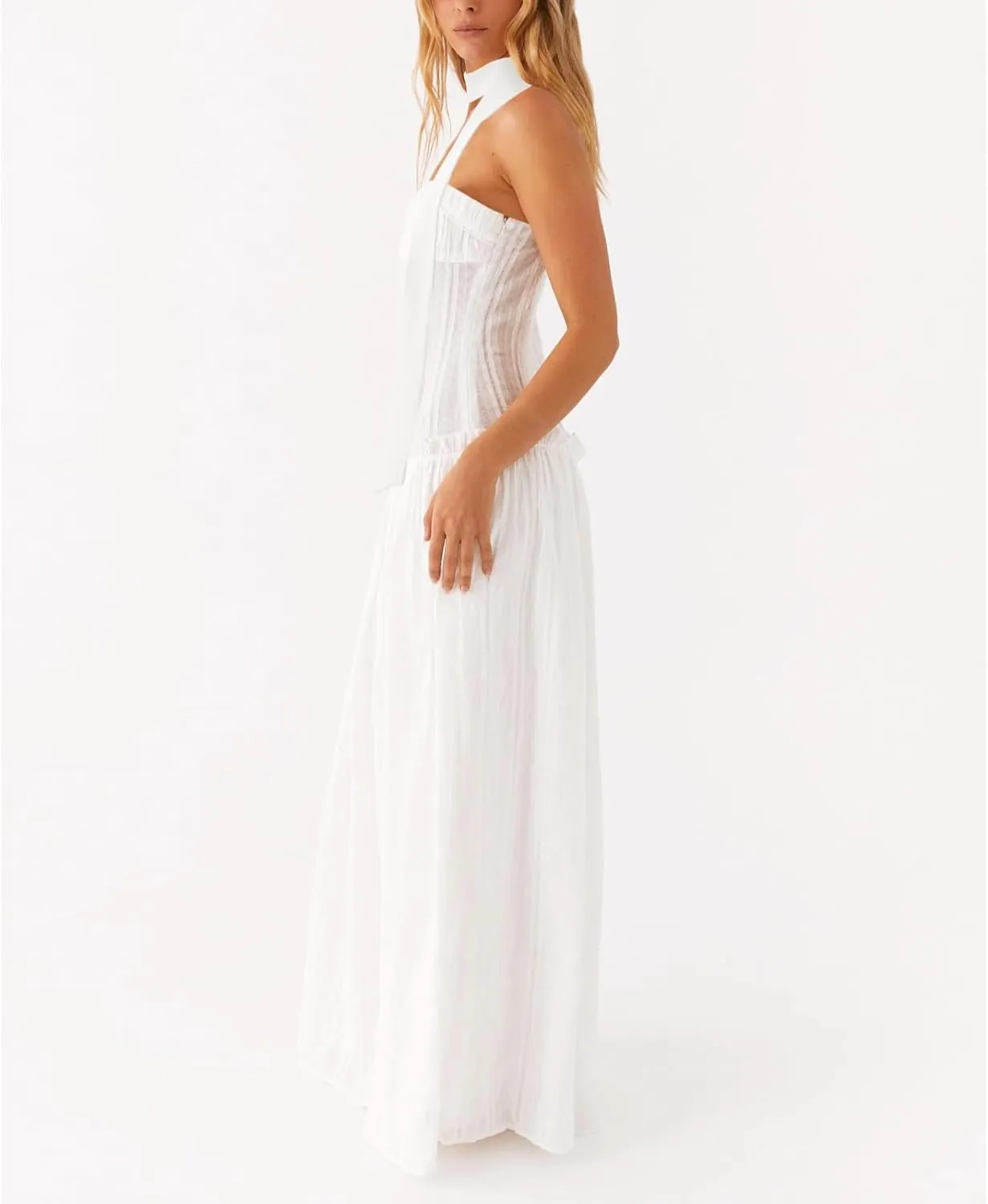 Womens Y2k Striped Tube Strapless Ruffle Scarf Maxi Dress Sexy Smocked Backless Beach Formal Long Flowy Dresses