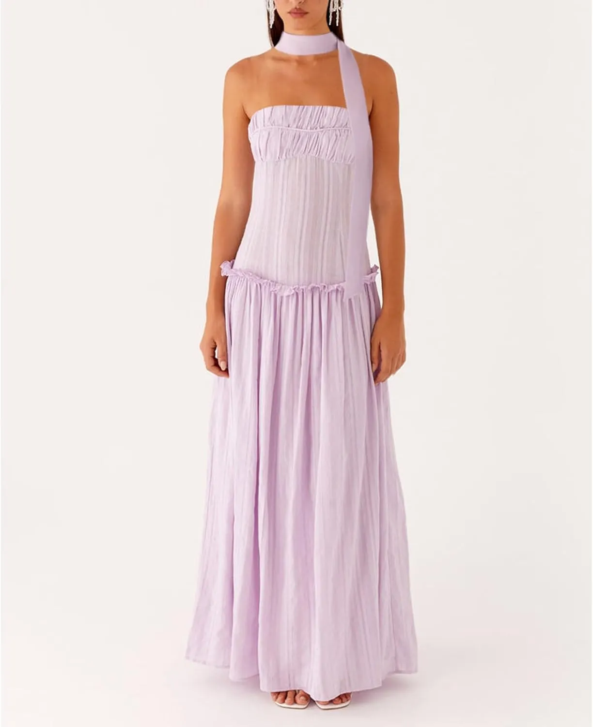 Womens Y2k Striped Tube Strapless Ruffle Scarf Maxi Dress Sexy Smocked Backless Beach Formal Long Flowy Dresses