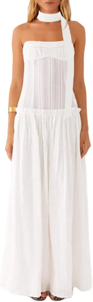 Womens Y2k Striped Tube Strapless Ruffle Scarf Maxi Dress Sexy Smocked Backless Beach Formal Long Flowy Dresses