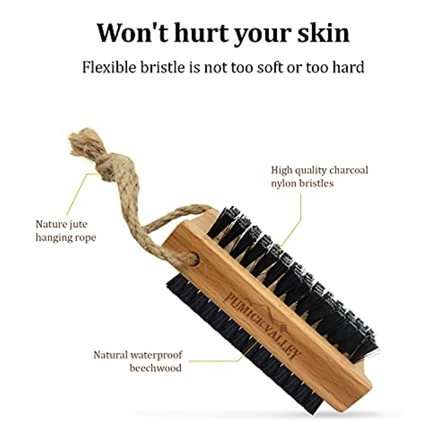 Wooden Cleaning Finger Nail Brush with Nylon Charcoal Bristles & Hanging Rope - Double-Sided Fingernail Brush for Scrubbing Fingernails and Toes (Beechwood)