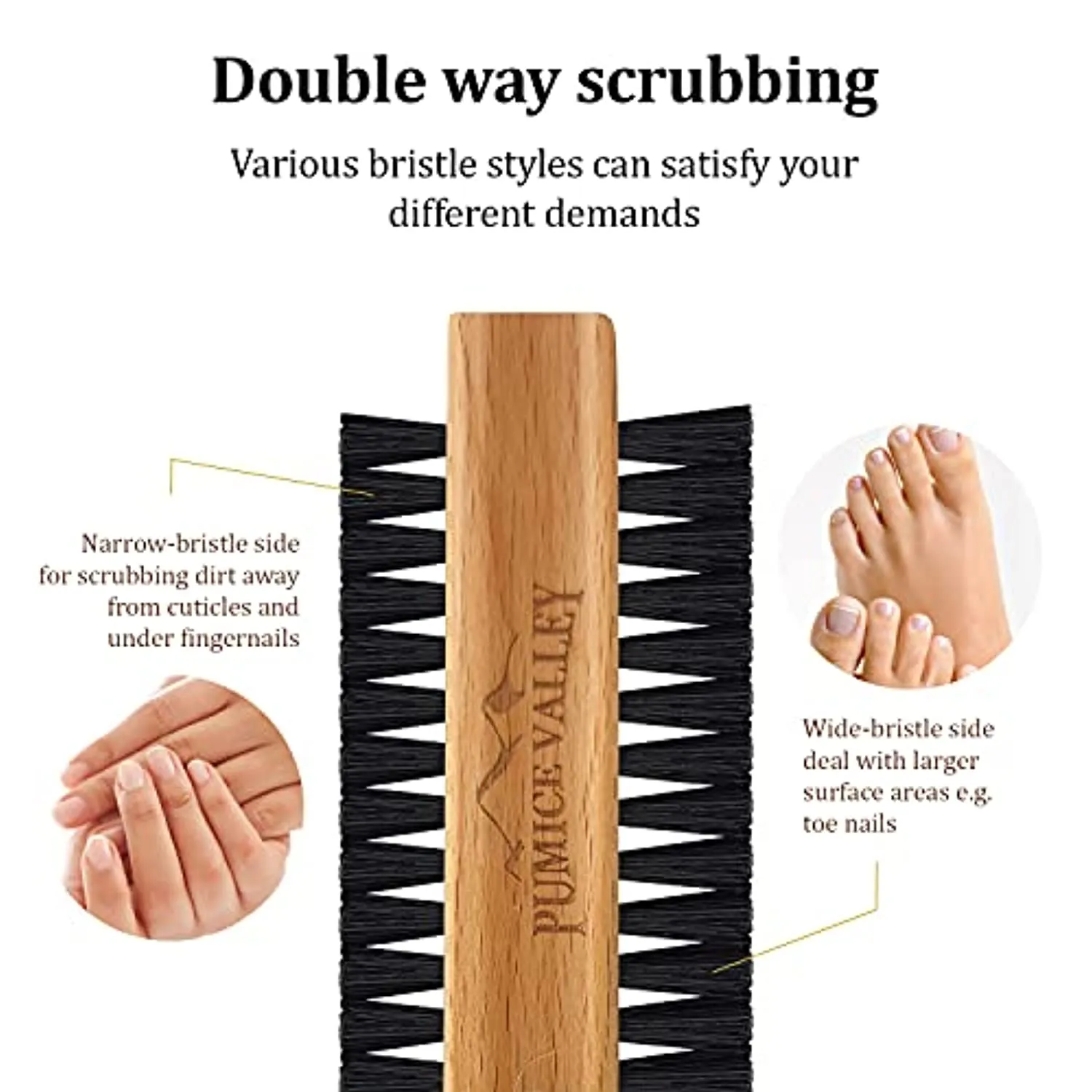 Wooden Cleaning Finger Nail Brush with Nylon Charcoal Bristles & Hanging Rope - Double-Sided Fingernail Brush for Scrubbing Fingernails and Toes (Beechwood)