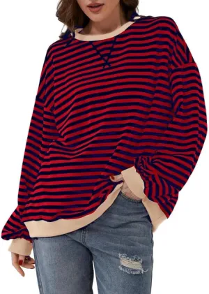 WROLEM Women Striped Oversized Sweatshirts Long Sleeve Crewneck Pullover Tops Color Block Tunics Trendy Preppy Clothes