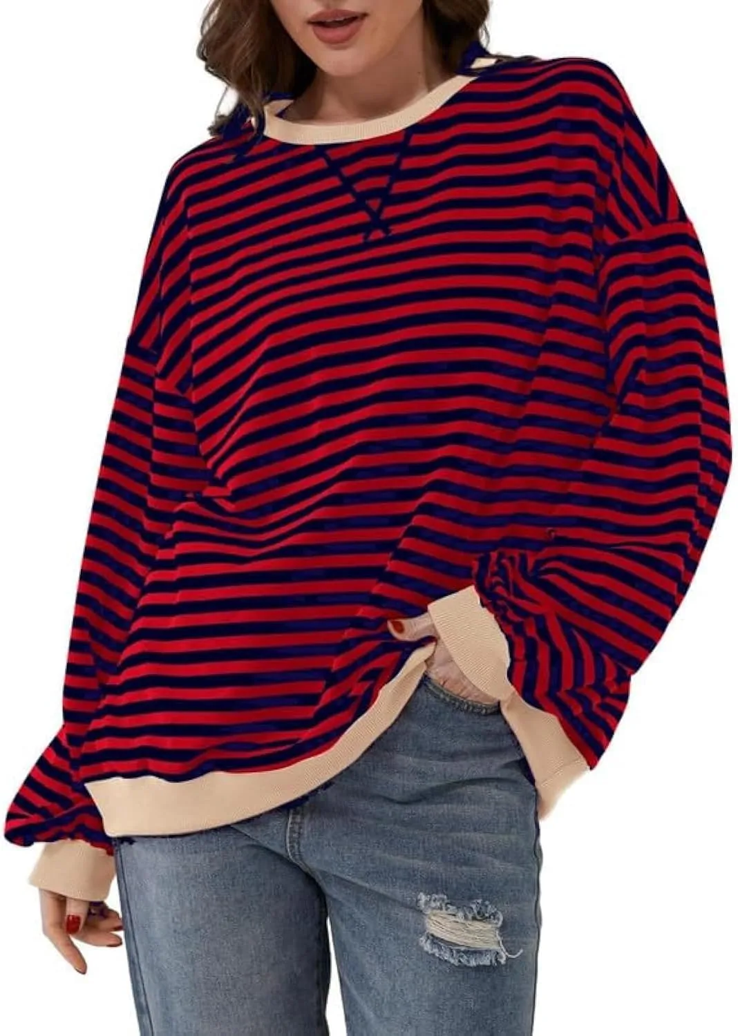WROLEM Women Striped Oversized Sweatshirts Long Sleeve Crewneck Pullover Tops Color Block Tunics Trendy Preppy Clothes