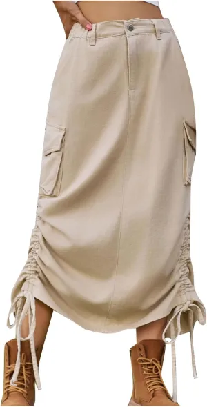 Y2k Cargo Denim Long Skirts for Women - Trendy High Waisted Vintage Split Side Drawstring Midi Skirt with Flap Pockets