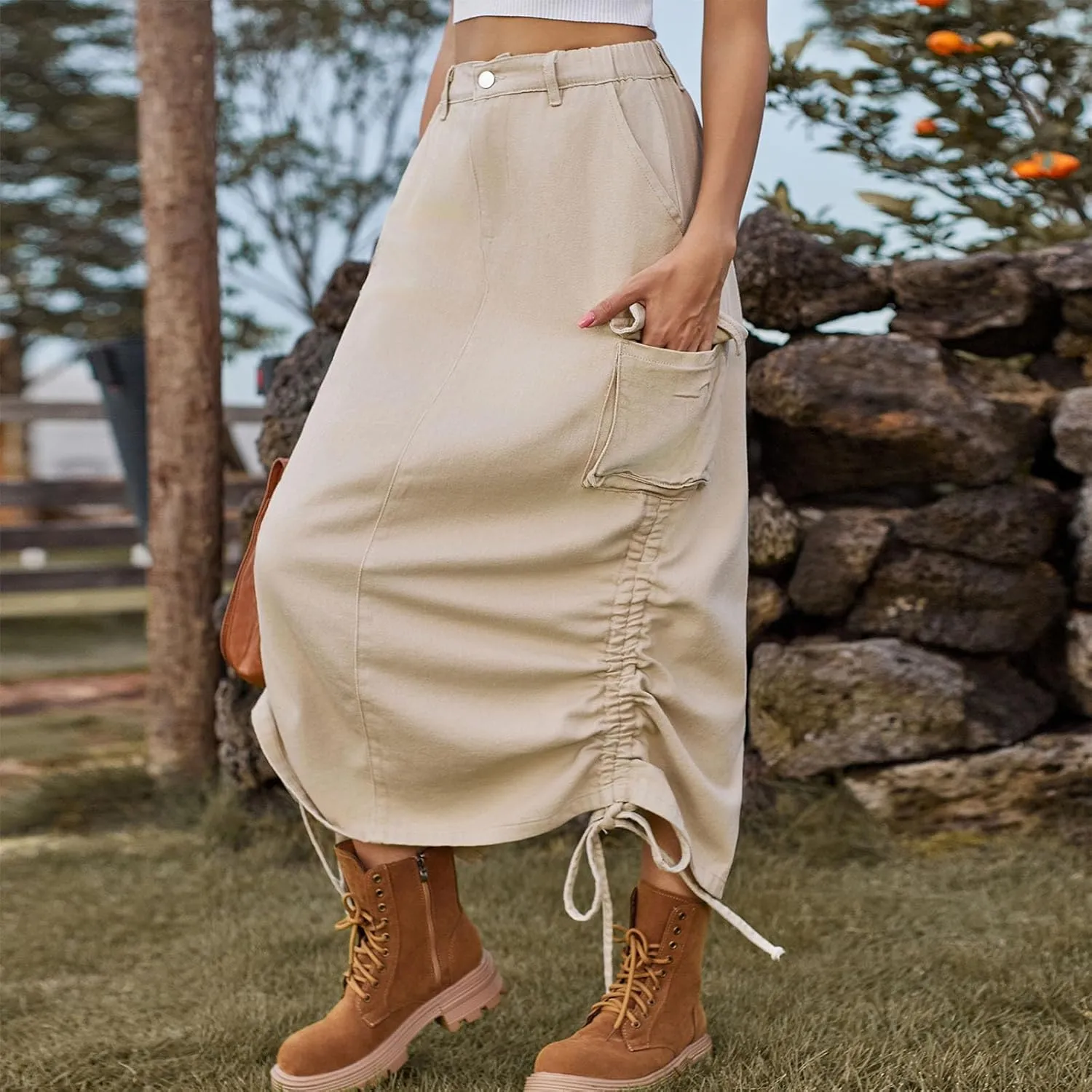 Y2k Cargo Denim Long Skirts for Women - Trendy High Waisted Vintage Split Side Drawstring Midi Skirt with Flap Pockets