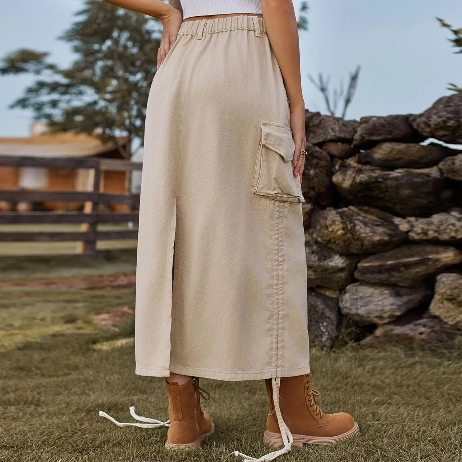 Y2k Cargo Denim Long Skirts for Women - Trendy High Waisted Vintage Split Side Drawstring Midi Skirt with Flap Pockets