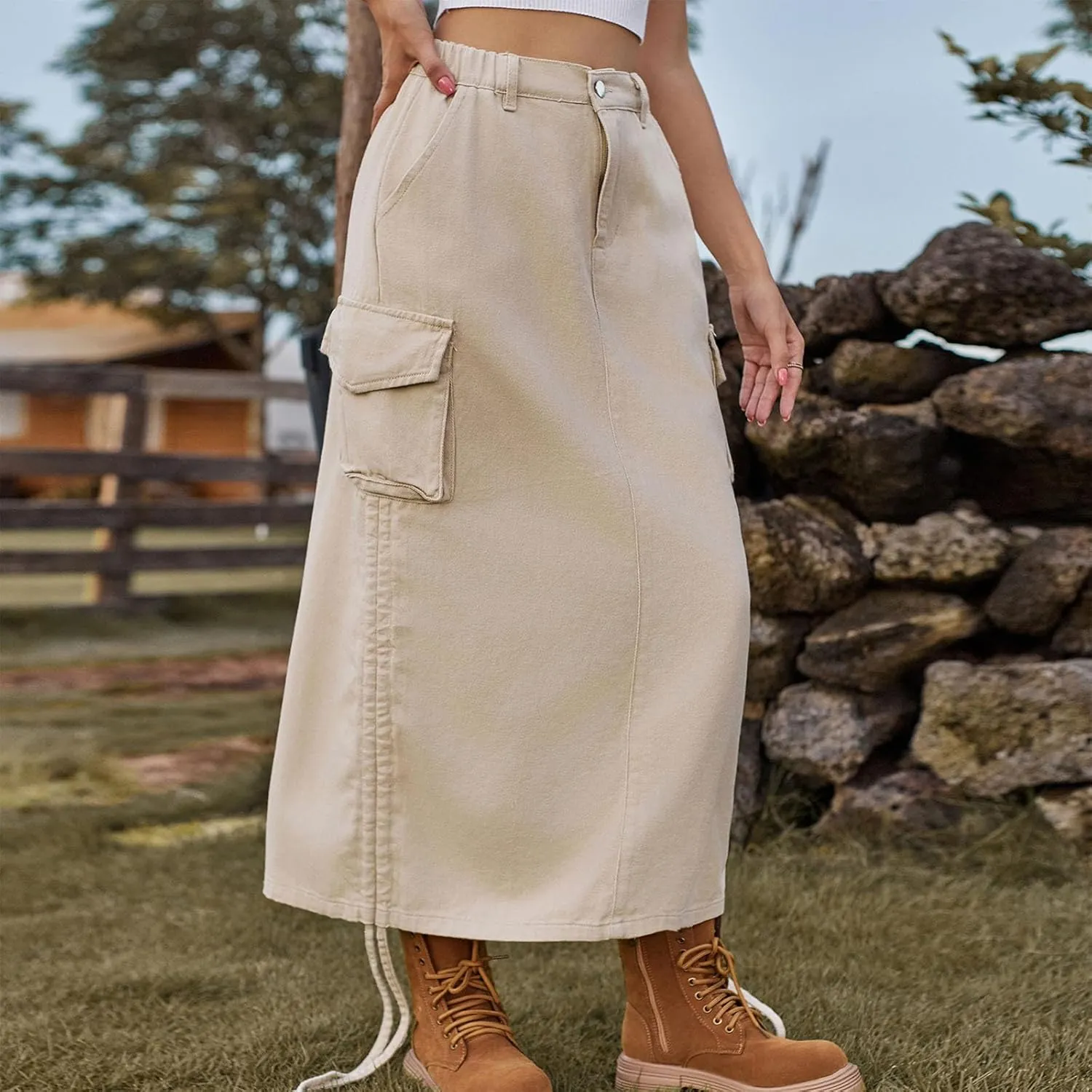 Y2k Cargo Denim Long Skirts for Women - Trendy High Waisted Vintage Split Side Drawstring Midi Skirt with Flap Pockets