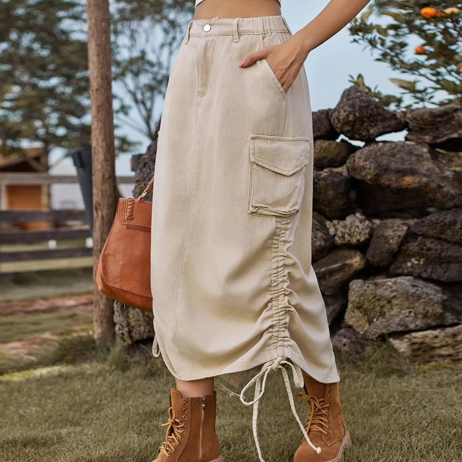 Y2k Cargo Denim Long Skirts for Women - Trendy High Waisted Vintage Split Side Drawstring Midi Skirt with Flap Pockets