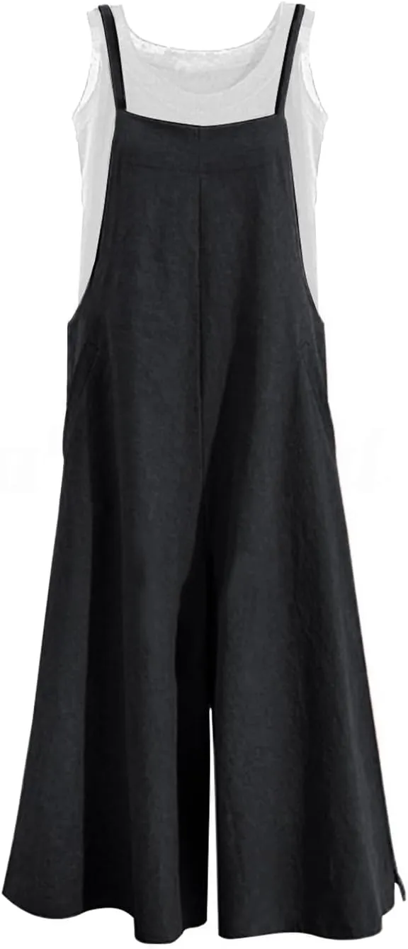 YESNO Women Casual Loose Long Bib Pants Wide Leg Jumpsuits Baggy Cotton Rompers Overalls with Pockets PZZTYP2