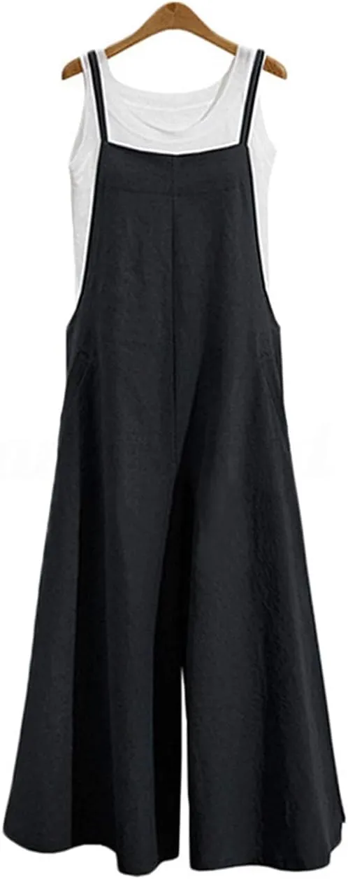 YESNO Women Casual Loose Long Bib Pants Wide Leg Jumpsuits Baggy Cotton Rompers Overalls with Pockets PZZTYP2