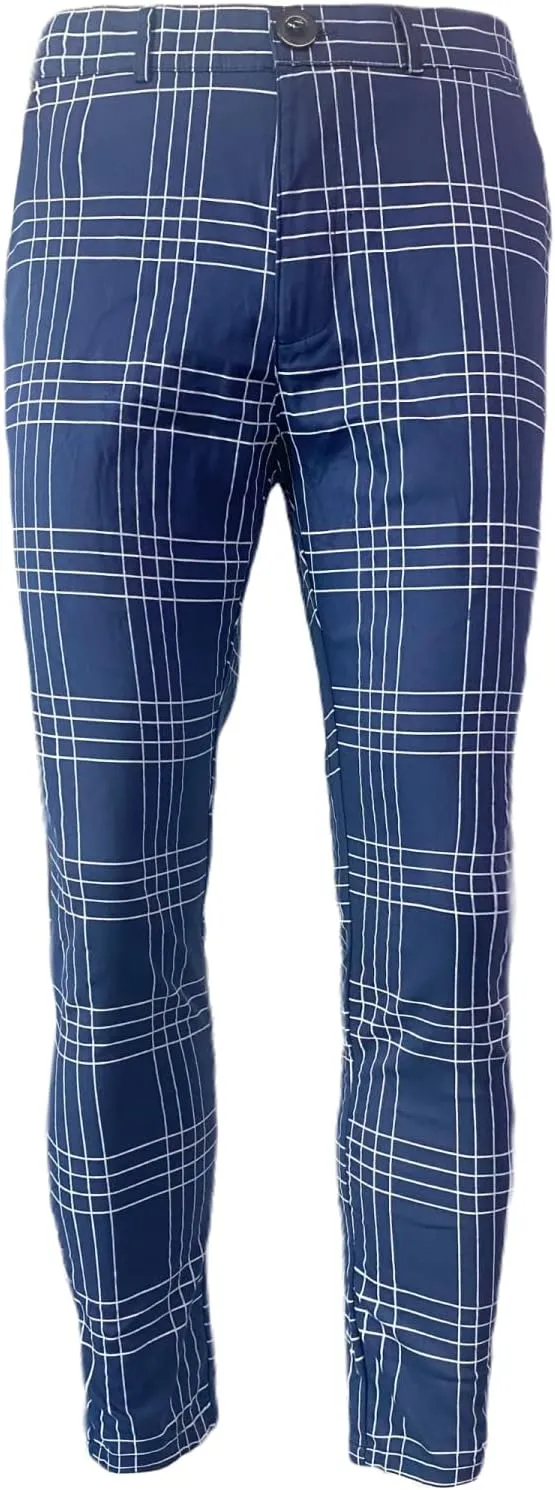 YIBIMOTTO Mens Slim Fit Dress Pants Stretch Plaid Slacks Skinny Checkered Chino Pants Blue Casual Business Suit Pant for Men,Blue,M