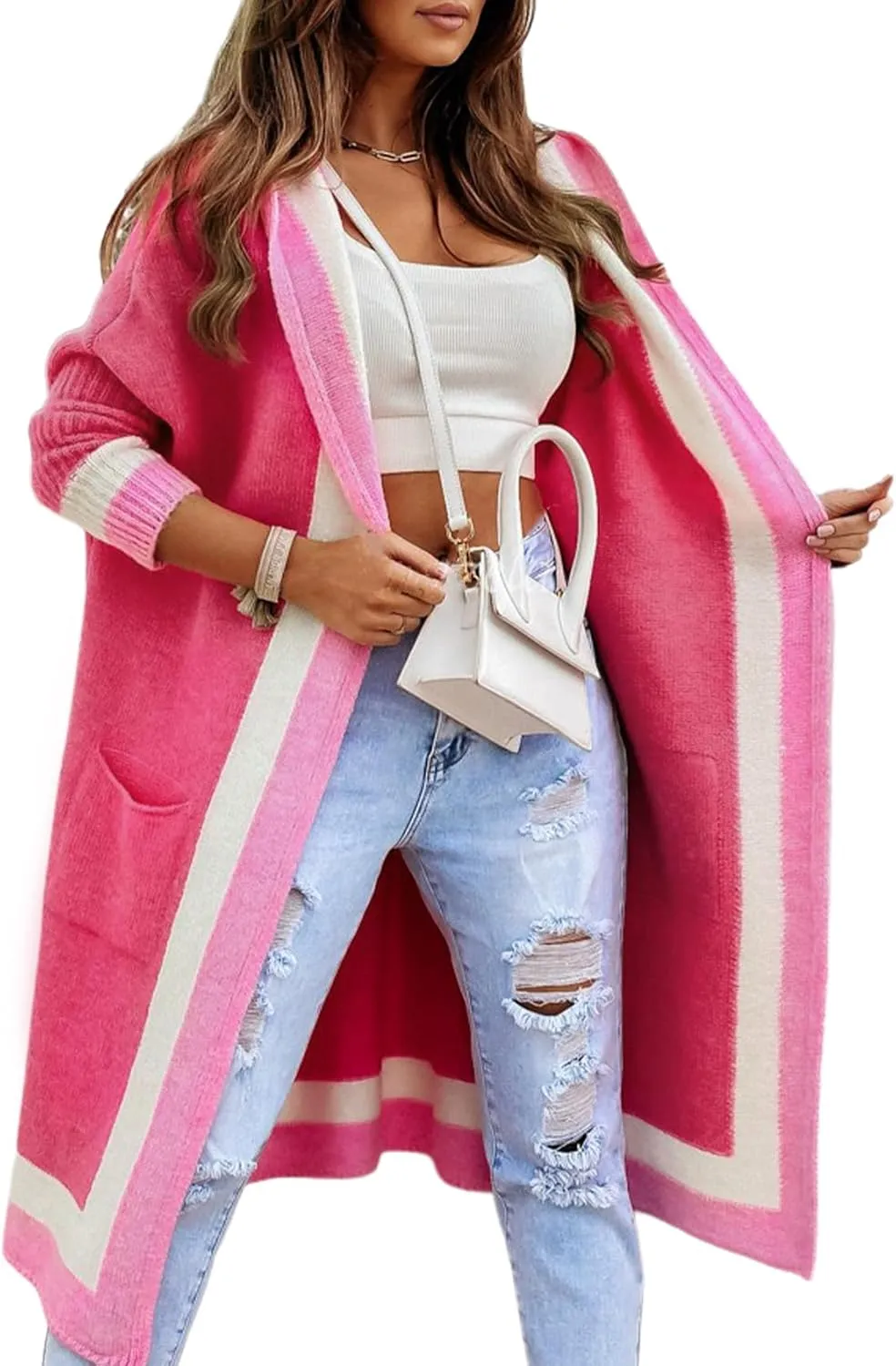 Yimoon Womens Long Cardigan Sweater Color Block Open Front Hooded Cardigan Oversized Knit Sweater Outwear