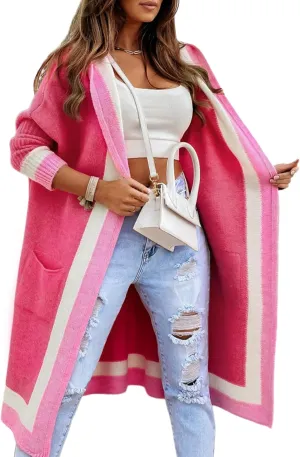 Yimoon Womens Long Cardigan Sweater Color Block Open Front Hooded Cardigan Oversized Knit Sweater Outwear