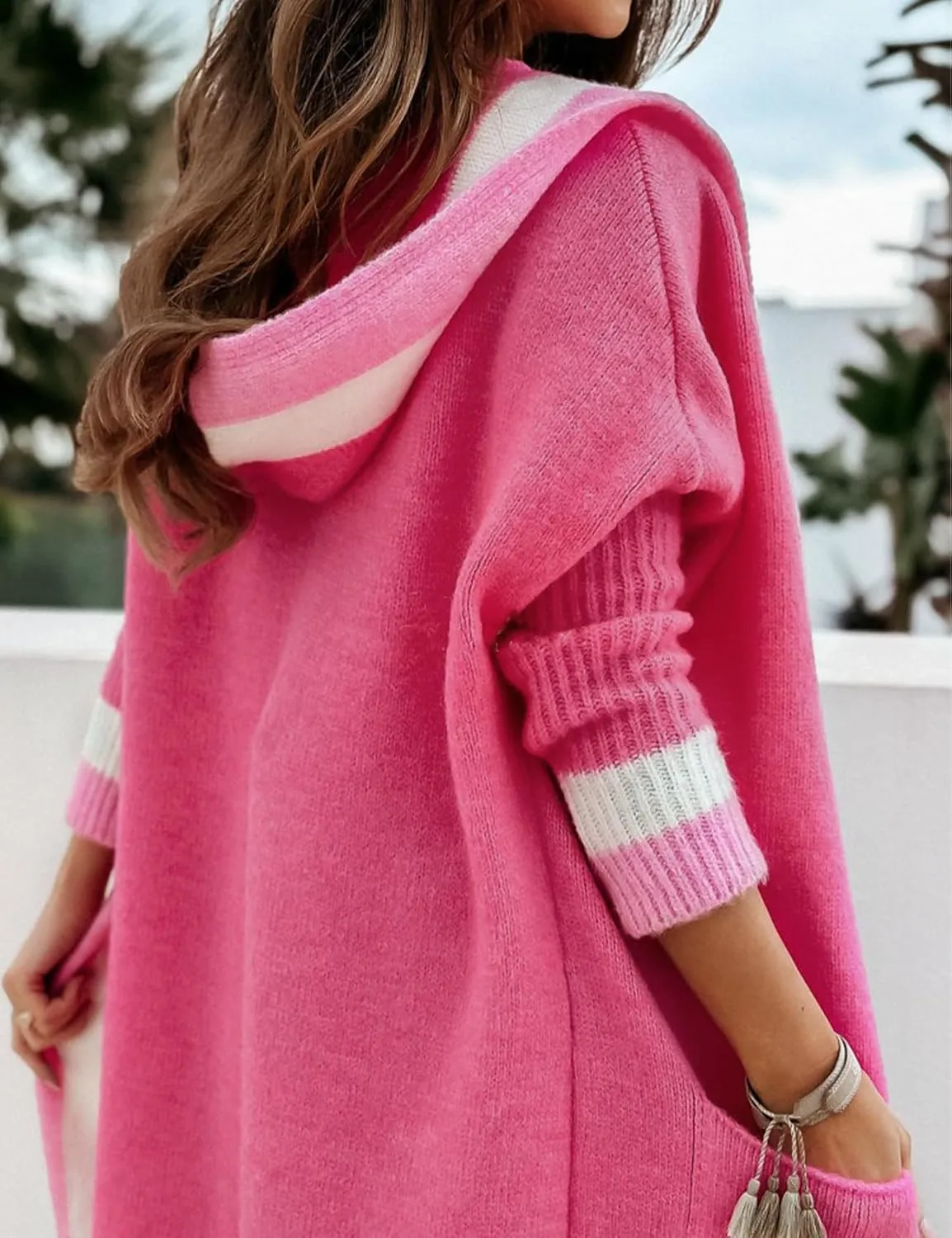 Yimoon Womens Long Cardigan Sweater Color Block Open Front Hooded Cardigan Oversized Knit Sweater Outwear