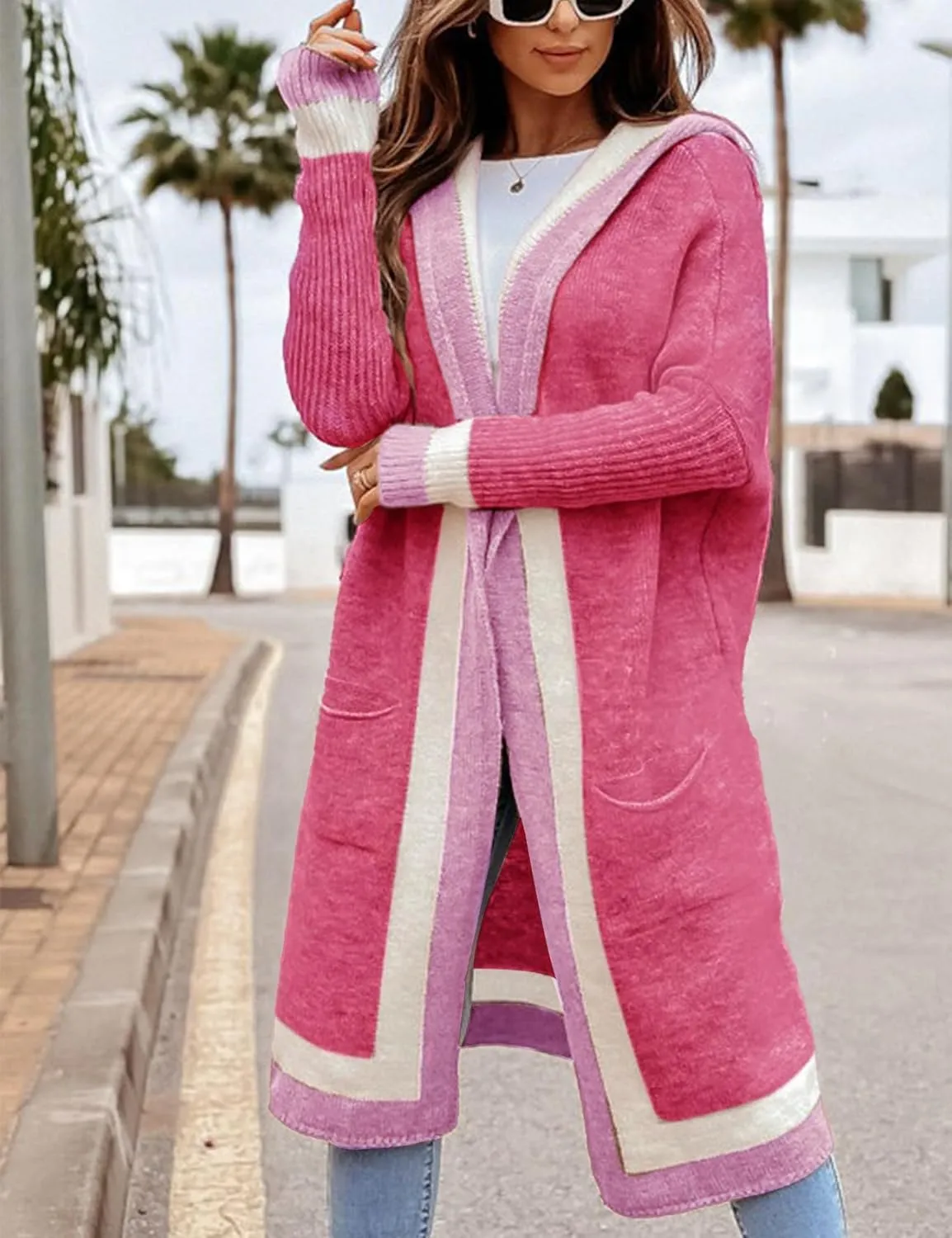 Yimoon Womens Long Cardigan Sweater Color Block Open Front Hooded Cardigan Oversized Knit Sweater Outwear