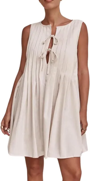 yoeasy Women's V Neck Sleeveless Mini Dress Tie Front Casual Loose Summer Pleated Swing Flowy Sundress