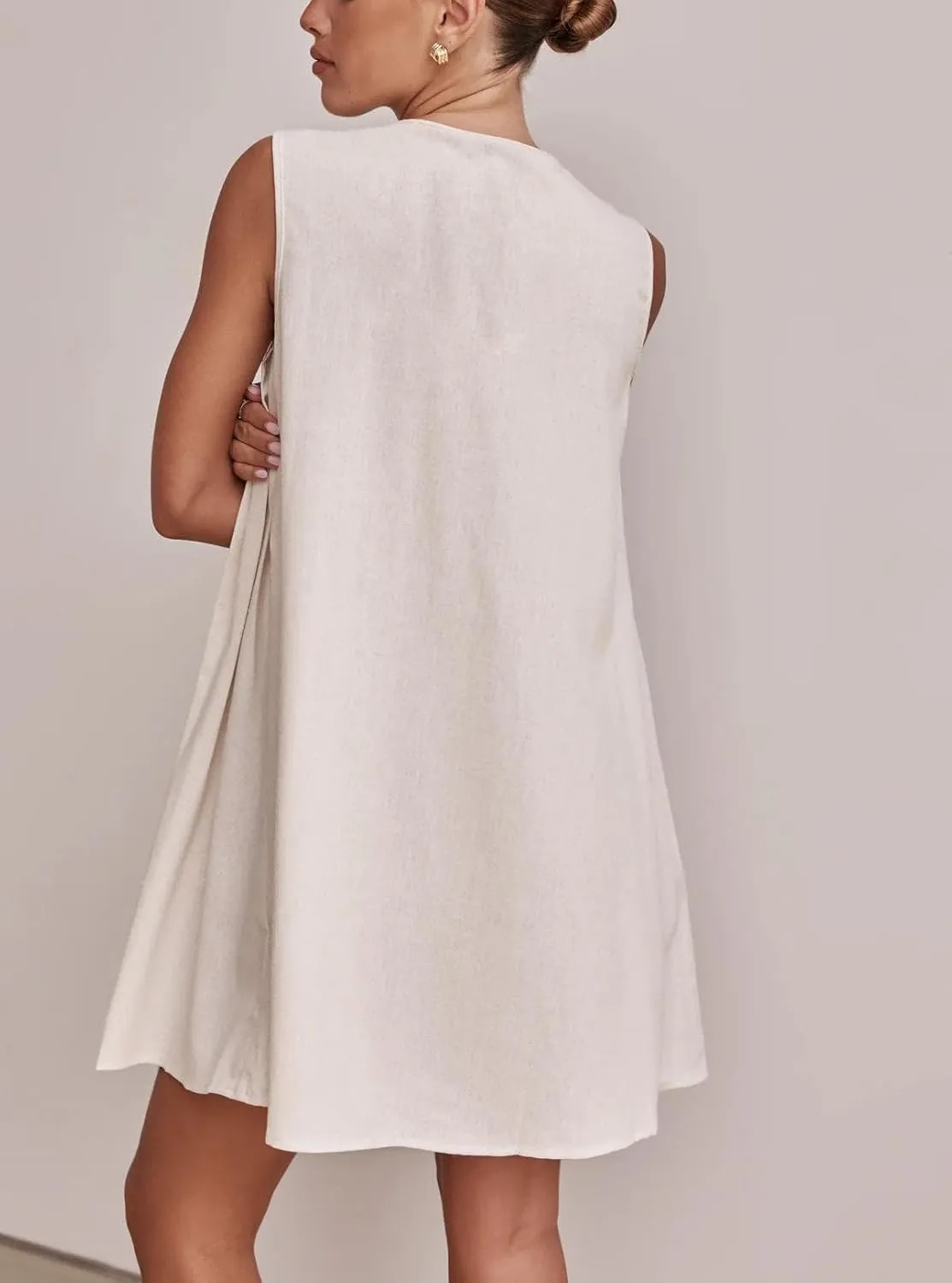 yoeasy Women's V Neck Sleeveless Mini Dress Tie Front Casual Loose Summer Pleated Swing Flowy Sundress