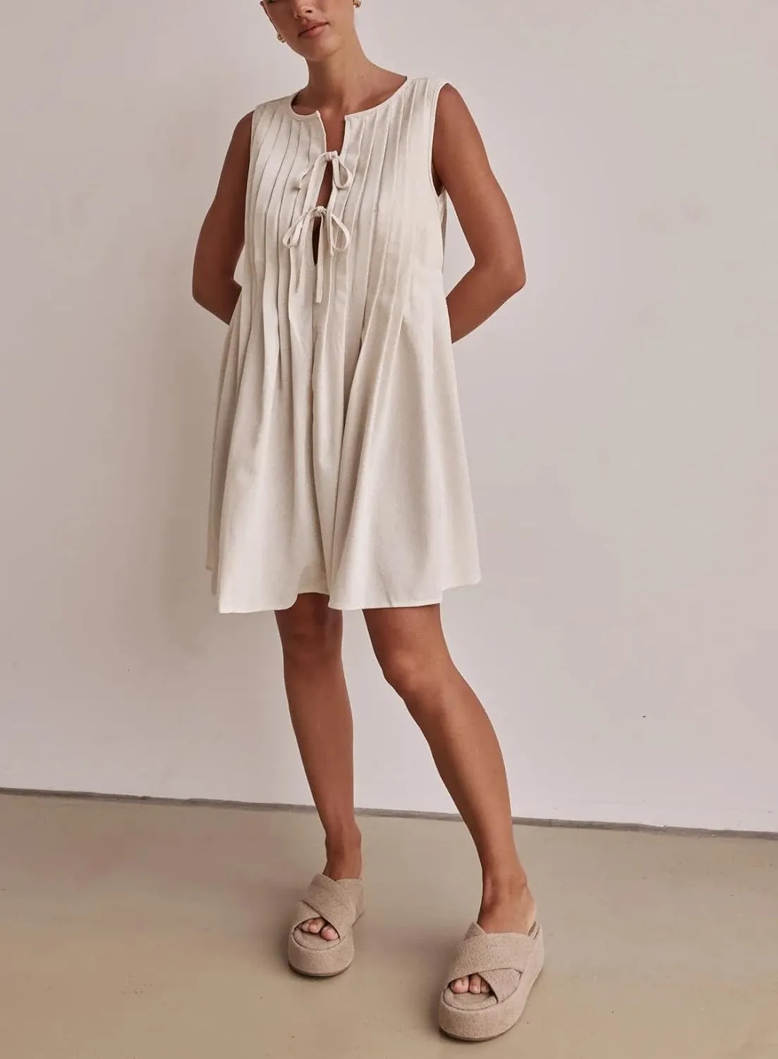 yoeasy Women's V Neck Sleeveless Mini Dress Tie Front Casual Loose Summer Pleated Swing Flowy Sundress