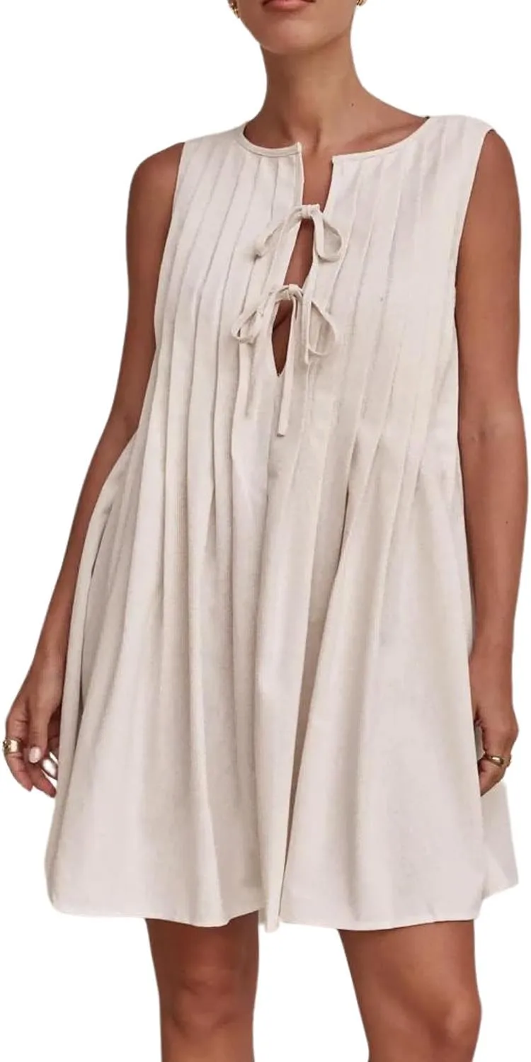 yoeasy Women's V Neck Sleeveless Mini Dress Tie Front Casual Loose Summer Pleated Swing Flowy Sundress