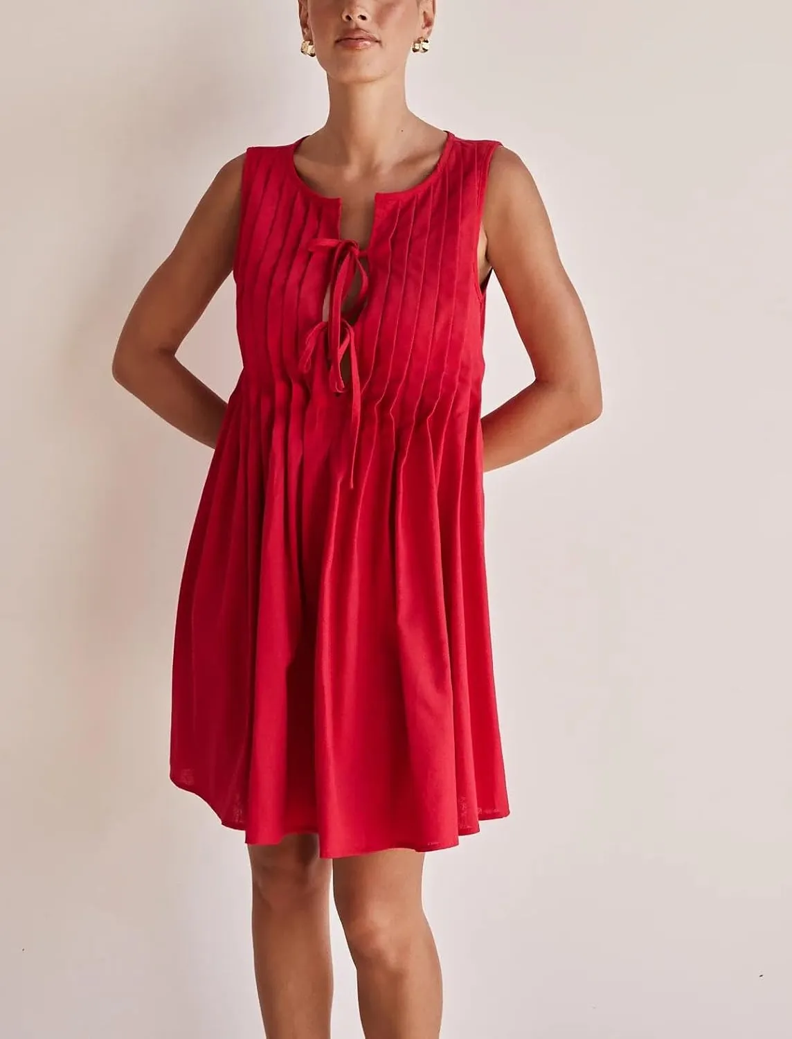 yoeasy Women's V Neck Sleeveless Mini Dress Tie Front Casual Loose Summer Pleated Swing Flowy Sundress