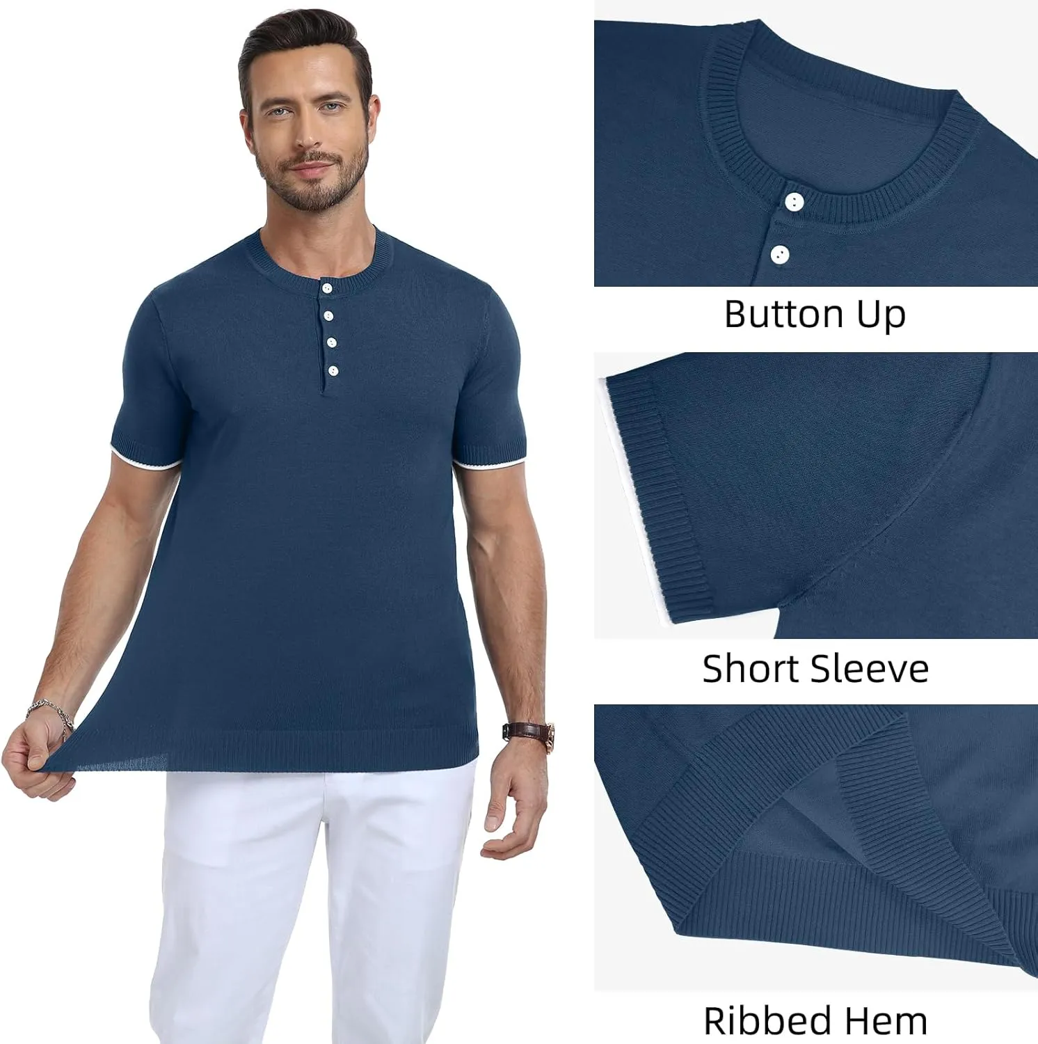 YTD Men's Short Sleeve Henley T-Shirts Casual Knit Shirt Summer Fashion Lightweight Henley Button Tee
