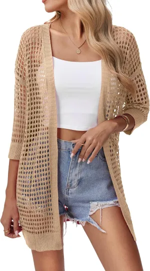Zeagoo Women's 2025 Summer Crochet Lightweight Cardigan Short Sleeve Boho Kimono Oversized Open Front Sweater Tops