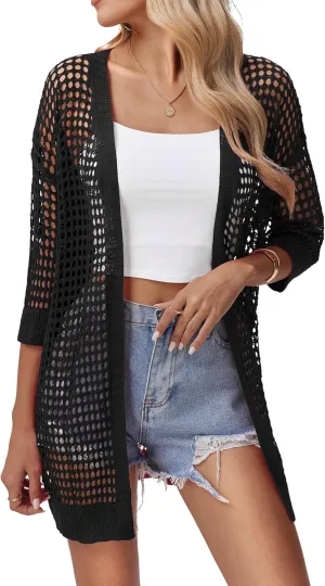 Zeagoo Women's 2025 Summer Crochet Lightweight Cardigan Short Sleeve Boho Kimono Oversized Open Front Sweater Tops