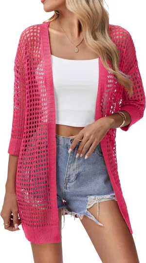 Zeagoo Women's 2025 Summer Crochet Lightweight Cardigan Short Sleeve Boho Kimono Oversized Open Front Sweater Tops