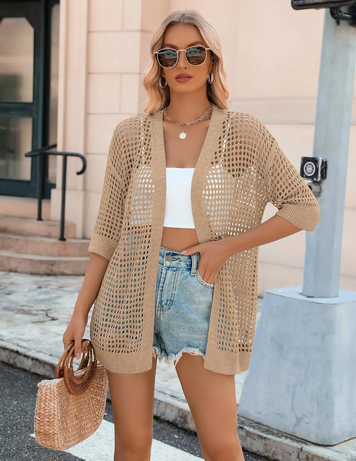 Zeagoo Women's 2025 Summer Crochet Lightweight Cardigan Short Sleeve Boho Kimono Oversized Open Front Sweater Tops