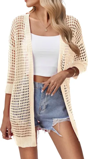 Zeagoo Women's 2025 Summer Crochet Lightweight Cardigan Short Sleeve Boho Kimono Oversized Open Front Sweater Tops
