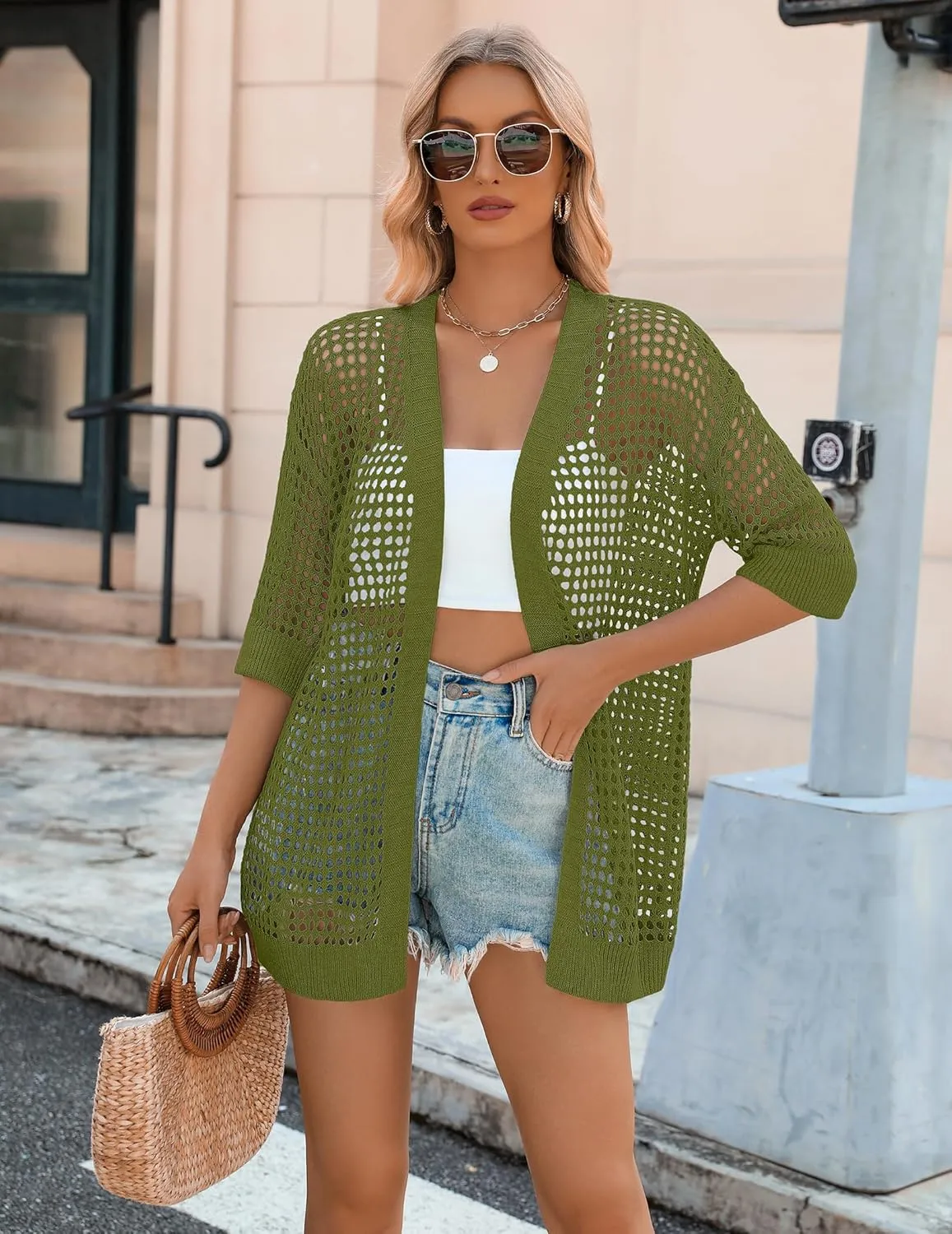 Zeagoo Women's 2025 Summer Crochet Lightweight Cardigan Short Sleeve Boho Kimono Oversized Open Front Sweater Tops