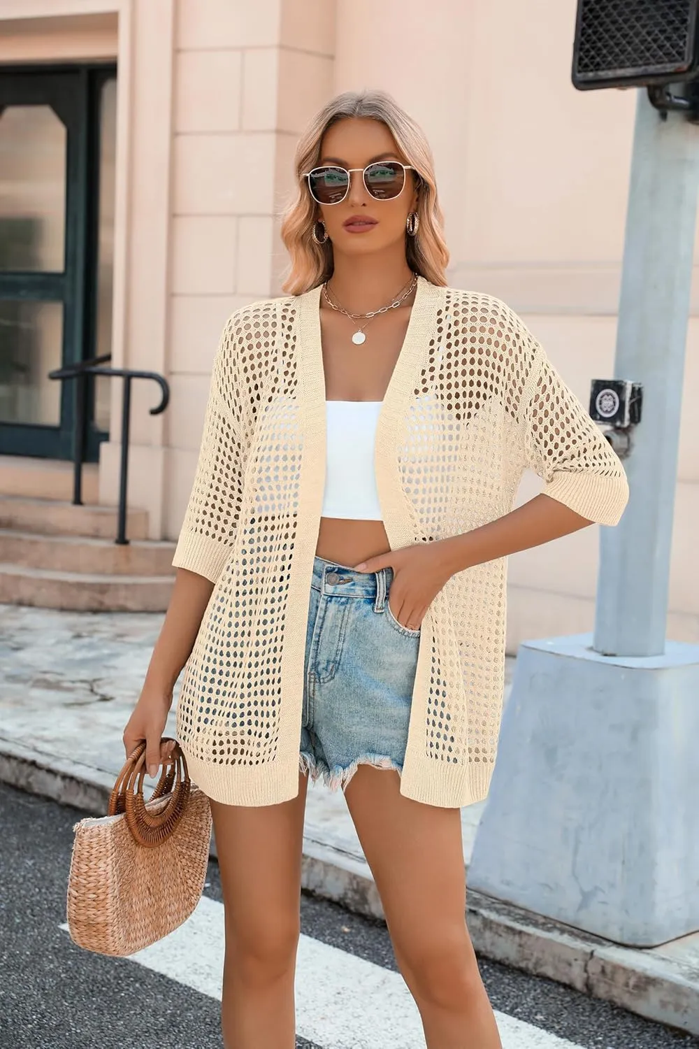 Zeagoo Women's 2025 Summer Crochet Lightweight Cardigan Short Sleeve Boho Kimono Oversized Open Front Sweater Tops