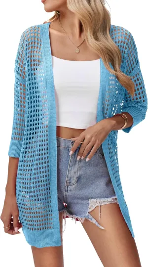 Zeagoo Women's 2025 Summer Crochet Lightweight Cardigan Short Sleeve Boho Kimono Oversized Open Front Sweater Tops