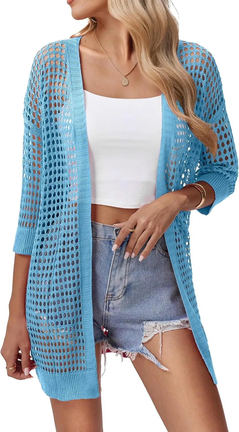 Zeagoo Women's 2025 Summer Crochet Lightweight Cardigan Short Sleeve Boho Kimono Oversized Open Front Sweater Tops
