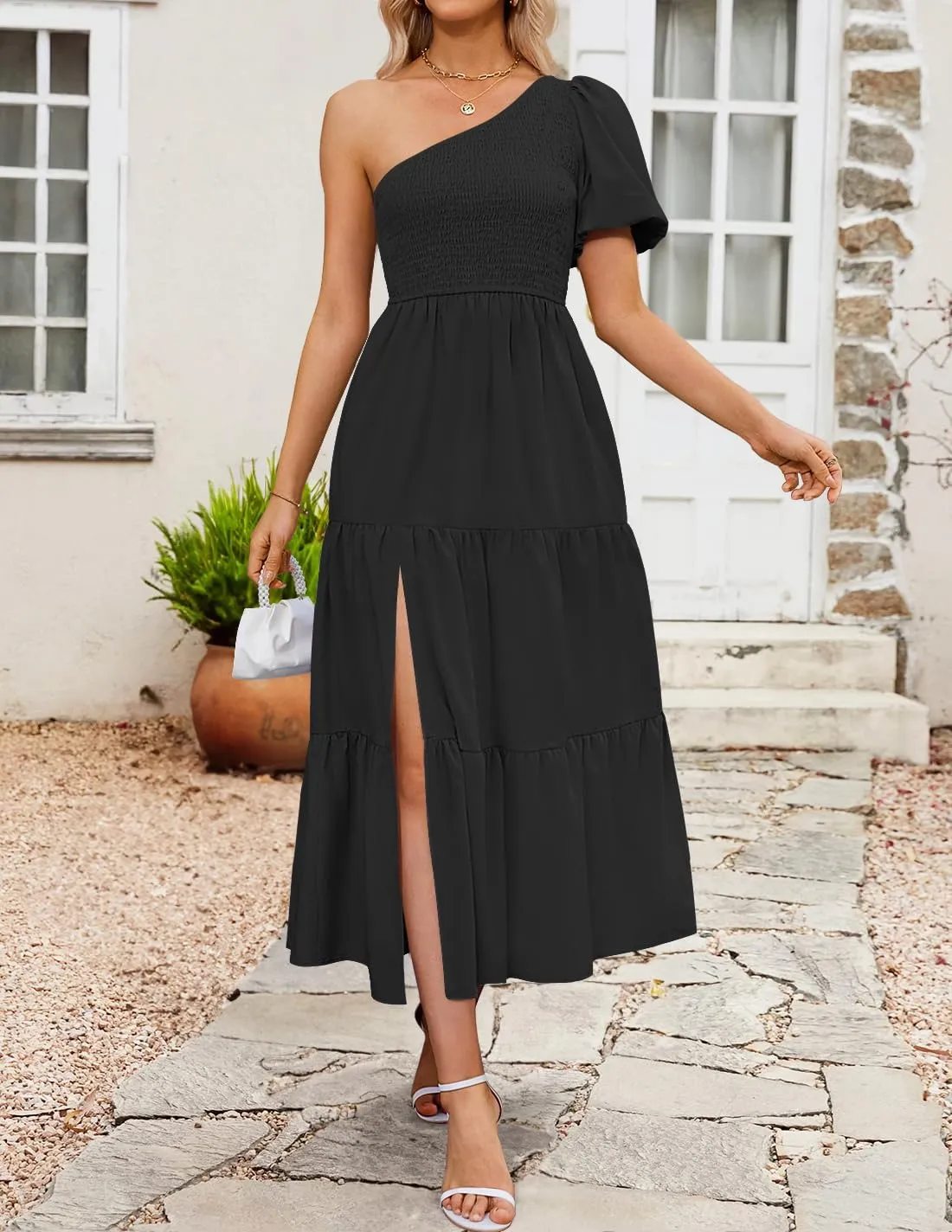 ZESICA Women's Boho Summer One Shoulder Short Sleeve Smocked Side Split Ruffle Swing Midi Dress