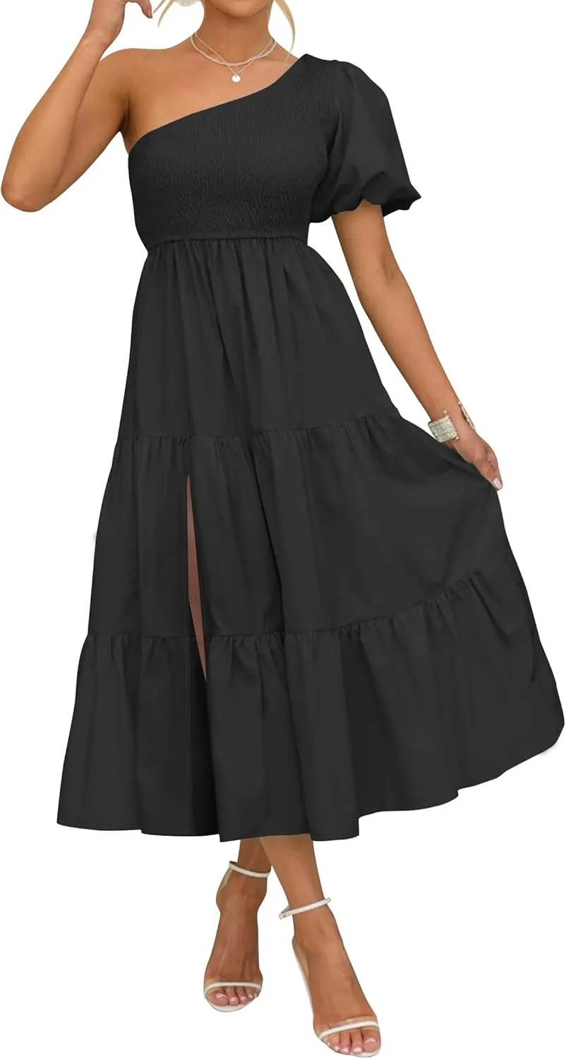 ZESICA Women's Boho Summer One Shoulder Short Sleeve Smocked Side Split Ruffle Swing Midi Dress