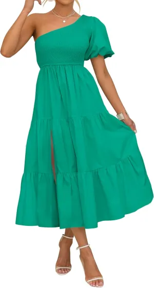 ZESICA Women's Boho Summer One Shoulder Short Sleeve Smocked Side Split Ruffle Swing Midi Dress