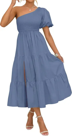 ZESICA Women's Boho Summer One Shoulder Short Sleeve Smocked Side Split Ruffle Swing Midi Dress