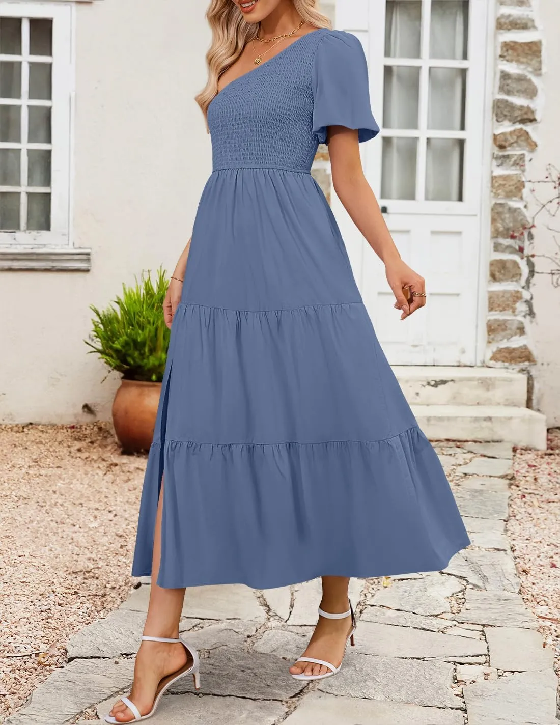 ZESICA Women's Boho Summer One Shoulder Short Sleeve Smocked Side Split Ruffle Swing Midi Dress