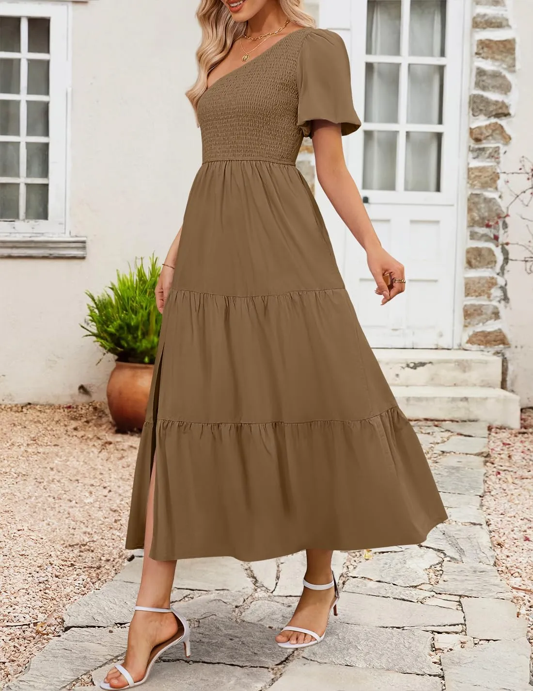 ZESICA Women's Boho Summer One Shoulder Short Sleeve Smocked Side Split Ruffle Swing Midi Dress
