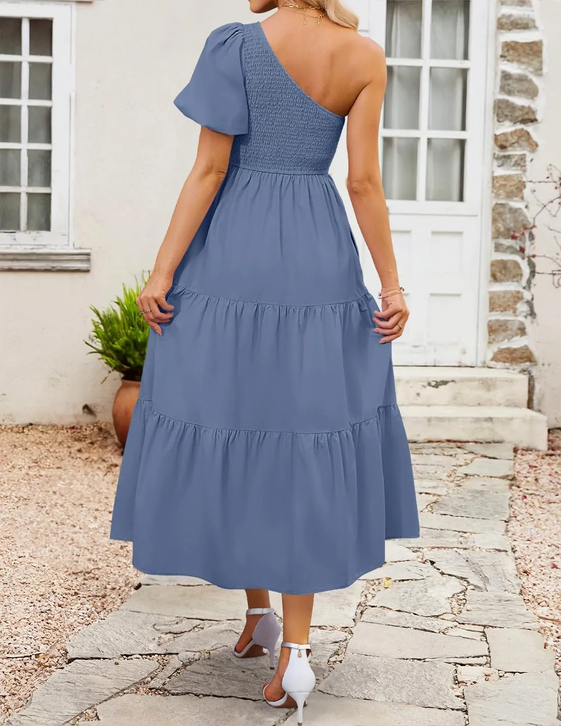 ZESICA Women's Boho Summer One Shoulder Short Sleeve Smocked Side Split Ruffle Swing Midi Dress