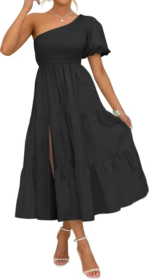 ZESICA Women's Boho Summer One Shoulder Short Sleeve Smocked Side Split Ruffle Swing Midi Dress