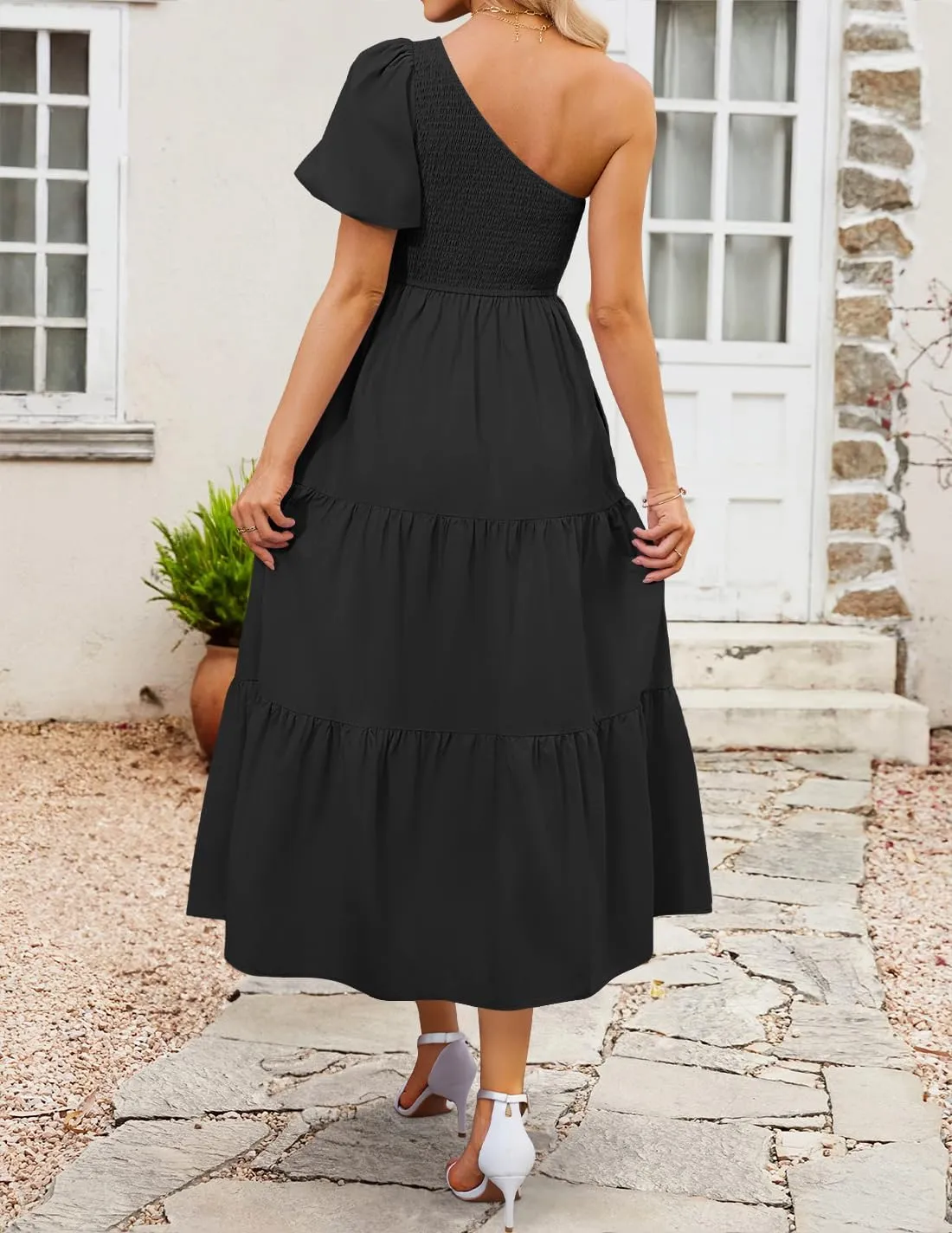 ZESICA Women's Boho Summer One Shoulder Short Sleeve Smocked Side Split Ruffle Swing Midi Dress