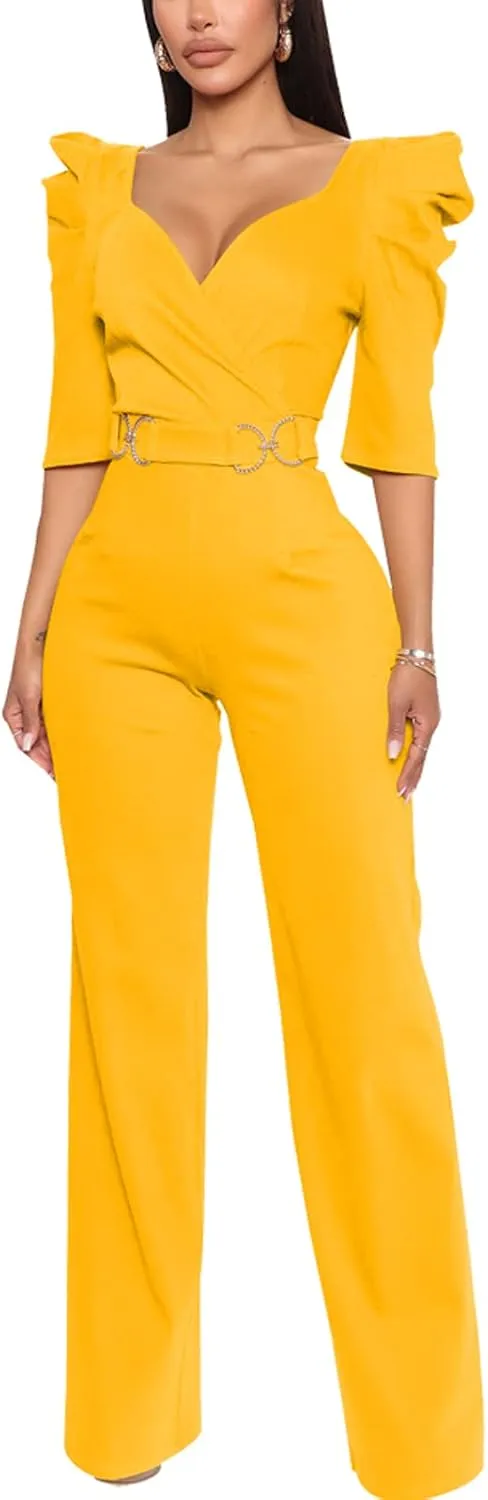 ZonJie Sexy Jumpsuits for Women Summer Plus Size Short Sleeve Party Rompers Dressy Club Wide Leg Long Pants