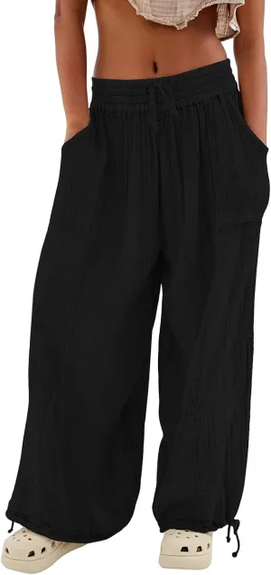 ZYXTIM Boho Pants for Women 2024 Plus Size Summer Wide Leg Smocked High Waisted Long Lounge Trousers Linen Palazzo Pants