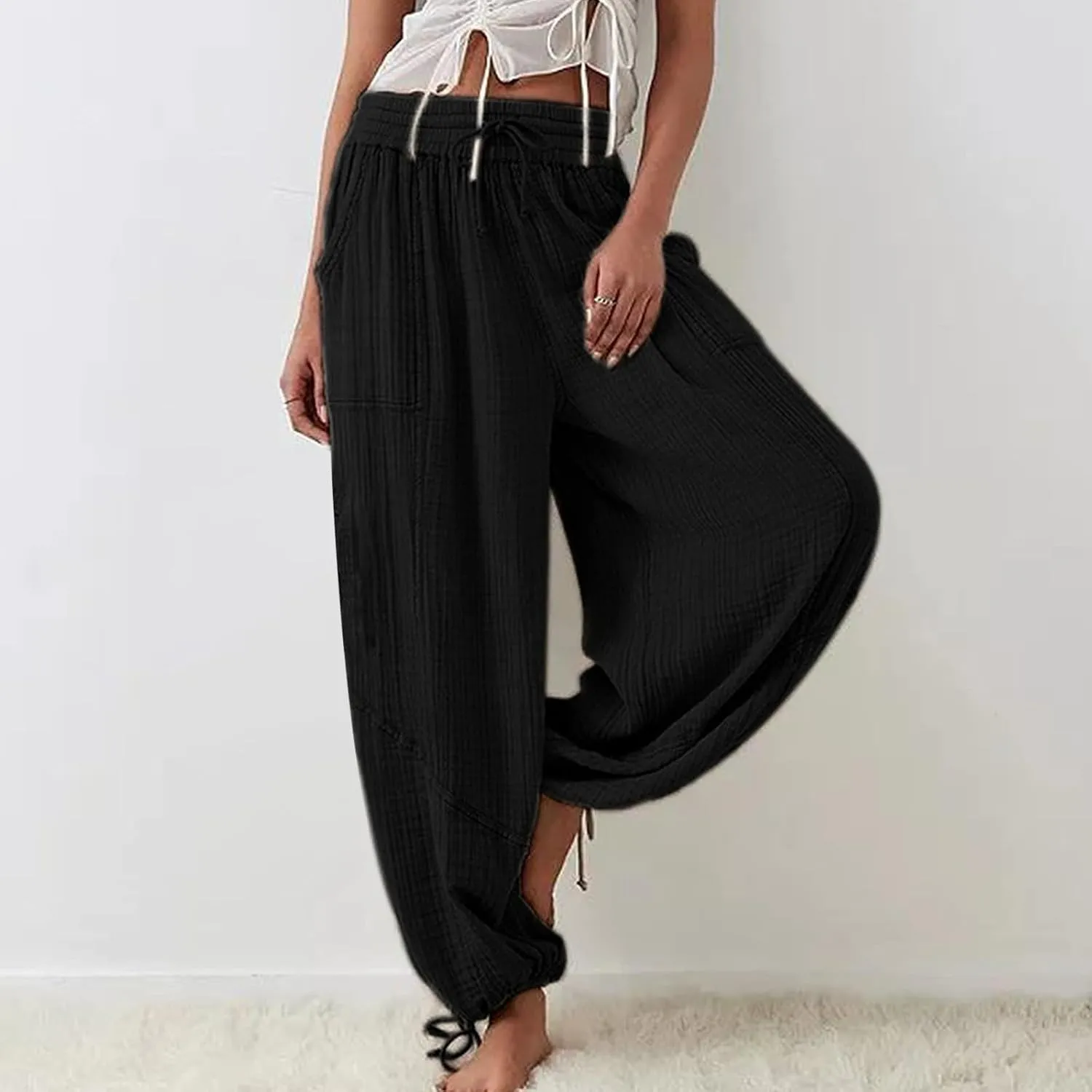 ZYXTIM Boho Pants for Women 2024 Plus Size Summer Wide Leg Smocked High Waisted Long Lounge Trousers Linen Palazzo Pants